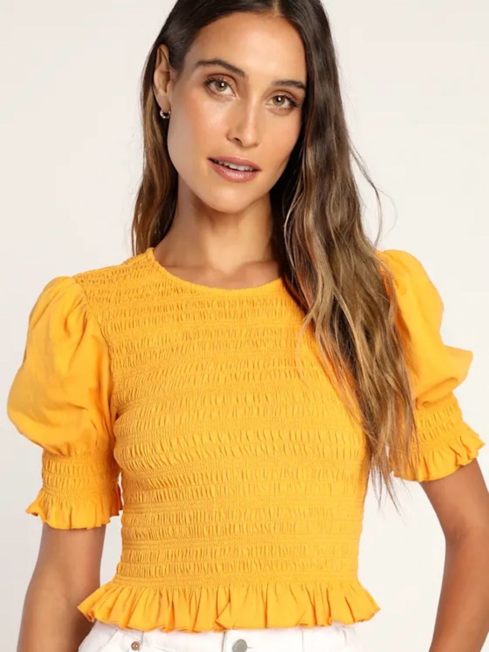 Lulu's Marigold Smocked Puff Sleeve Orange Crop Top
